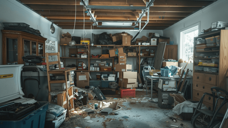 a cluttered garage filled with moving boxes